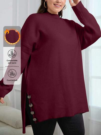EURMUSE Plus Size Solid Color Stand Collar Open Hem Casual Pullover Sweater