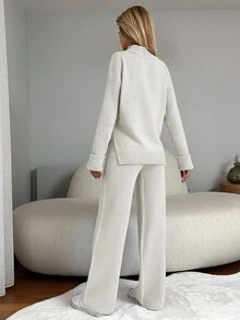 EURMUSE 女士 2 件套 - 纯色立领长袖开衩上衣和长裤，优雅针织毛衣套装 - 白色 - 查看 2