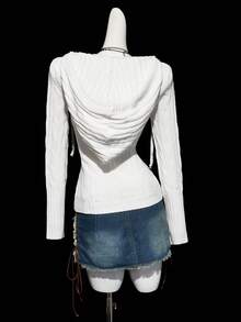 SHEIN ICON 女式休闲通勤蝴蝶结刺绣 V 领抽绳连帽修身麻花针织毛衣，秋冬 - 白色 - 查看 2