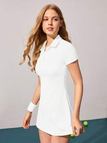 CourtClass 女式网球运动户外短袖 Polo 领浅黄色运动连衣裙，带口袋 - 白色 - 查看 4