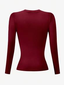 INAWLY Kaos Wanita Ukuran Besar Warna Merah Anggur dengan Kerah Bulat Pas Badan untuk Musim Gugur - Burgundy - View 2
