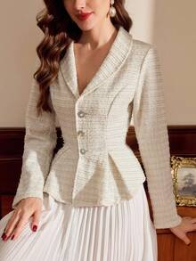 Vintamour Áo khoác vest nữ cổ điển thanh lịch với cúc đính đá và viền bèo nhún, thích hợp cho tiệc tùng, lễ hội, cocktail, mùa thu, mùa đông, Giáng sinh, áo khoác mùa đông nữ, áo khoác mùa đông nữ. - Màu be - Xem 2