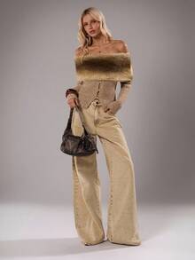 TRNVIE 1pc Women's Apricot Vintage Bohemian Color Block Turtleneck Sweater, Everyday Wear - Apricot - View 3