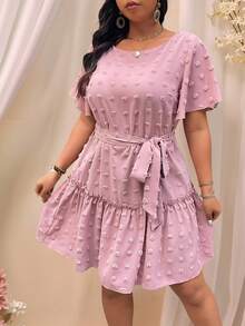 SHEIN Clasi Vestido de punto con volantes en las mangas, cordón y textura para mujer talla grande - Rosa - Ver 1