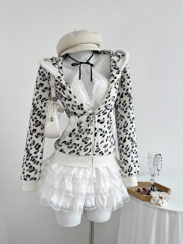 Elamini 1 szt. Czarno-biała, swobodna, słodka, kontrastowa flanelowa kurtka termiczna z nadrukiem w panterkę i serduszkiem, zapinana na zamek, miękka bluza damska, na sezon powrotu do szkoły