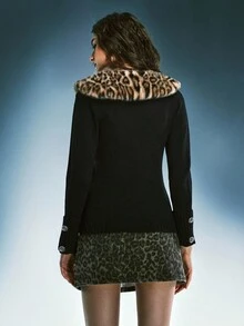 Airlisse Women's Y2K Casual Fashionable Street Leopard Print Patchwork Fur Collar Fitted Cardigan, Autumn