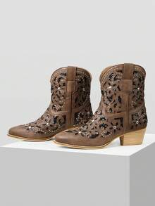 MOTF WOMEN'S WINTER NEW CHUNKY HEEL ROUND TOE EMBROIDERED HOLLOW RIVET KNIGHT BOOTS - Brown - View 9
