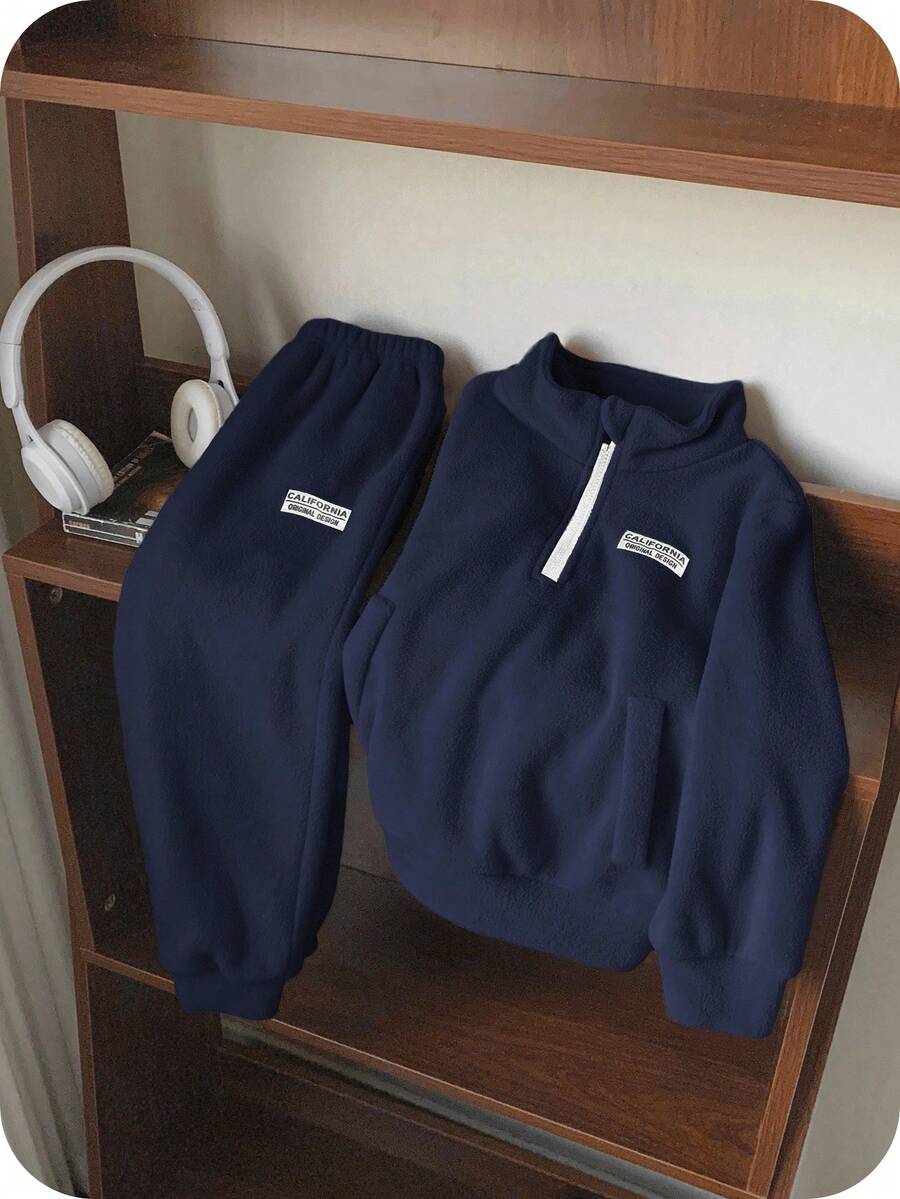 SHEIN 2pcs/Set Young Boys Casual Minimalist Outfit, Fleece Thickened, Suitable For Autumn/Winter - Navy Blue - View 1