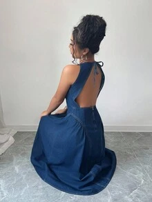 Siren Gaze 女式圆领无袖露背喇叭牛仔连衣裙，夏季时尚 - 深色水洗藍 - 查看 3