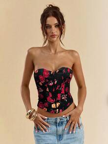 SHEIN BAE Áo hai dây ngắn họa tiết hoa Y2K dành cho nữ - màu đen - Xem 4