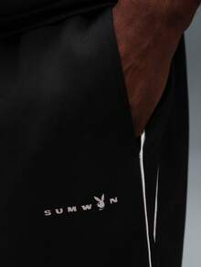 PLAYBOY X SUMWON Casual Wide Leg Sweatpants With Contrast Piping Relaxed Fit Comfortable Loungewear Fall Winter Drawstring Elastic Waist For Everyday Wear - Black - View 5