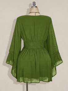 SHEIN ICON Plus Size V-Neck Ruched Waist A-Line Dress With Flare Sleeves, Boho, Hippie, Y2K Style, Suitable For Summer, Nomadic Vibe, Summer Vacation, Music Festivals, Graduation & Back To School Season/Fall/Winter