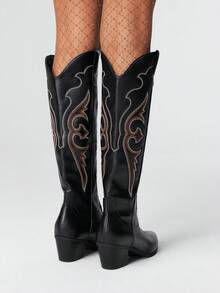 ROMWE Kawaii Botas occidentales de mujer con diseño hueco de alas de mariposa bordadas, nuevas botas de piel por encima de la rodilla para primavera/otoño - Negro - Ver 5