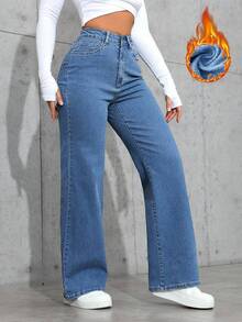 SHEIN ICON 秋冬高腰直筒休闲牛仔裤 - 中等水洗藍 - 查看 7