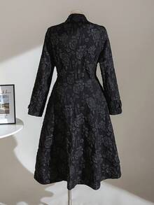 Reflora Plus Size Elegant Vintage Black 3D Rose Jacquard Waist Flare Dress Coat, 1950s Princess Style Waist Coat, Casual Chic Commuter Black Coat, Autumn Coat, Trench Coat, Black Trench Coat, Princess Coat, Fall Coat, Rose Coat, Floral Coat, Women's Winter Coat, Halloween Clothes For Women,  Fall Clothes For Women, Autumn Outfits For Women,Halloween Costumes, Halloween Costume, Halloween Clothes