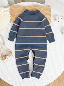 SHEIN 新生男婴/女婴条纹时尚马球领长袖连体衣毛衣，适合秋冬季、幼儿园儿童 - 霧霾藍 - 查看 8