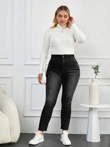 EURMUSE 98%Cotton Plus High Waist Ripped Skinny Jeans - Black - View 3