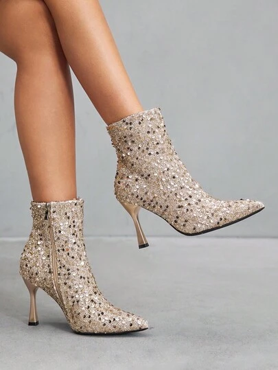 CUCCOO SZL 香槟色尖头亮片装饰性感夜店风踝靴，女士秋冬款