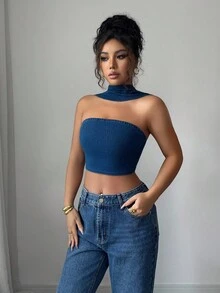 Siren Gaze 女士藍色彈性牛仔頂部，街頭時尚性感露背領 - 深色水洗藍 - 查看 4