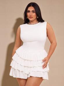 SHEIN BAE Plus Size Women White Elegant Sleeveless Short Jumpsuit,Summer Night Out Club Party Clothes,Formal Birthday Homecoming Culottes, Fall Outfits - White - View 2