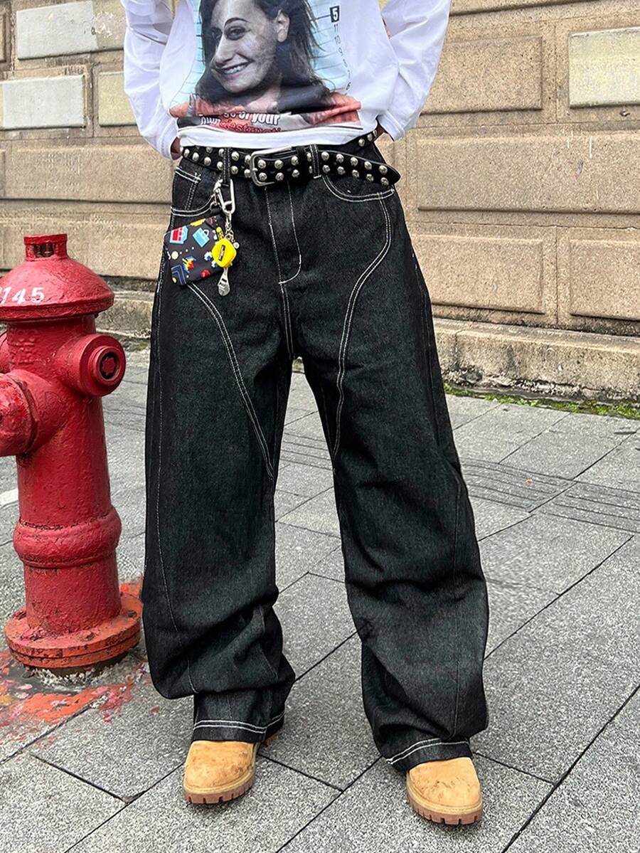 Manfinity EMRG Herren Streetwear Grafik Design Weite Bein Jeans gestapelt, Grunge