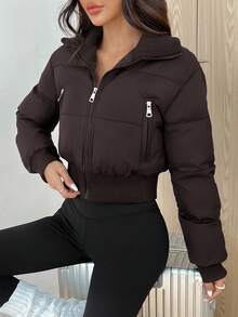 SHEIN EZwear Áo khoác đệm lót phía trước có khóa kéo màu trơn dành cho nữ vào mùa thu/đông - Cà phê nâu - Xem 5