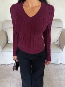 Aloruh Purple New Vintage Eggplant Purple & Green V-Neck Pullover Sweater, Comfortable & Versatile Long Sleeve Knit Top Autumn Winter For Women Fashion Holiday For Women Vacation Women Summer Spring Street Chic - Red Violet - View 7