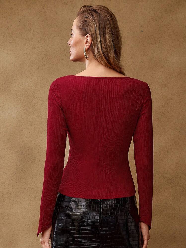 ASYMMETRICAL NECK BUTTON DECOR T-SHIRT