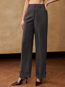 MOTF PREMIUM 秋冬压褶卷边直筒裤 - 深灰色 - 查看 5