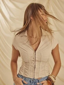 Aralina Fall / Winter Collared Hook And Eye Front Ruched Front Corset Style Short Sleeve Shirt Top With Lace Trim Perfect For Work Outfits For Women And Gong Out Party Top , Elegant Chic Cute Country Style