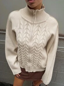 Livesso Suéter holgado de punto de cable con textura, de estilo empresarial casual, con cuello alto y mangas raglán, elegante cárdigan para uso en la oficina, otoño/invierno - Albaricoque - Ver 2