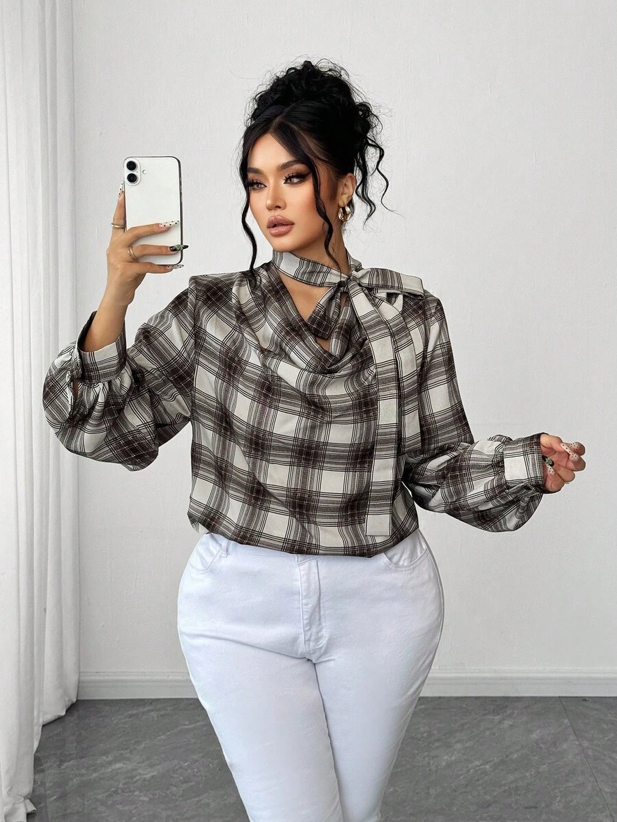 Elenzga Chemise à carreaux avec col châle pour femmes grandes tailles, automne/hiver - Marron - Voir 1