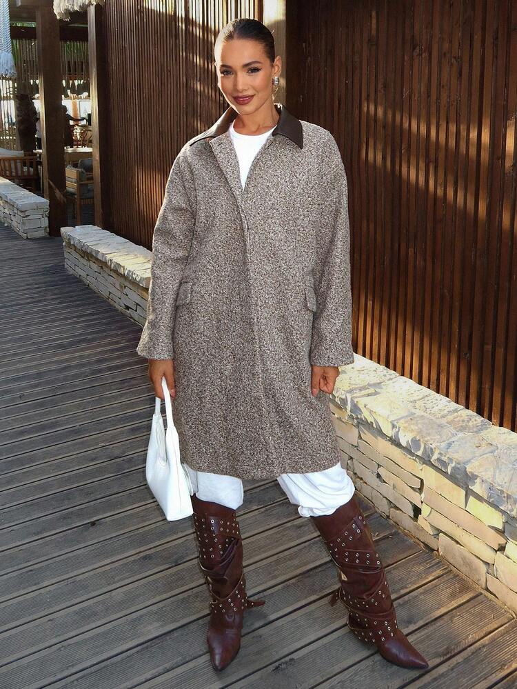Women's Loose Business Casual Straight Long Coat, Elegant Office/Commute Wear, Brown Color Block Jacket, Autumn/Winter