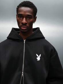PLAYBOY X SUMWON Crop Fit Full Zip Hoodie With Drawstring Hood And Centre Pocket For Casual Street Style Winter Comfort - Black - View 3