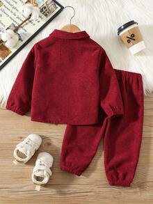 SHEIN 2pcs Baby Boys/Girls Casual Corduroy Shirt With Pockets & Loose Fit Drawstring Pants Set, Suitable For School, Garden, Beach, Birthday, Spring/Summer/Autumn/Winter Autumn And Winter Two Piece Suit Toddler Suit Set Baby Boy Burgundy Clothes Red Baby Boy Outfit New Year