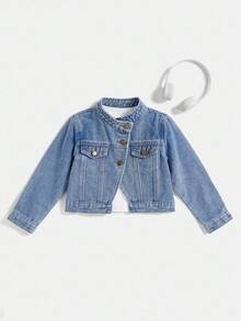 Chaqueta de motociclista de mezclilla con cuello alto para niñas de 4 a 7 años, armadura de invierno dulce y fresca de pequeños caballeros. Diseño de botones frontales en diagonal, puede ser dulce o elegante, de moda. Estilo dulce: combinar con falda de lana a cuadros + botas de nieve = protagonista femenina de un drama coreano; Estilo fresco: combinar con leggings negros + botas de tobillo = mini supermodelo; Estilo casual: combinar con sudadera + jeans = el niño talla grande lindo del jardín de infantes