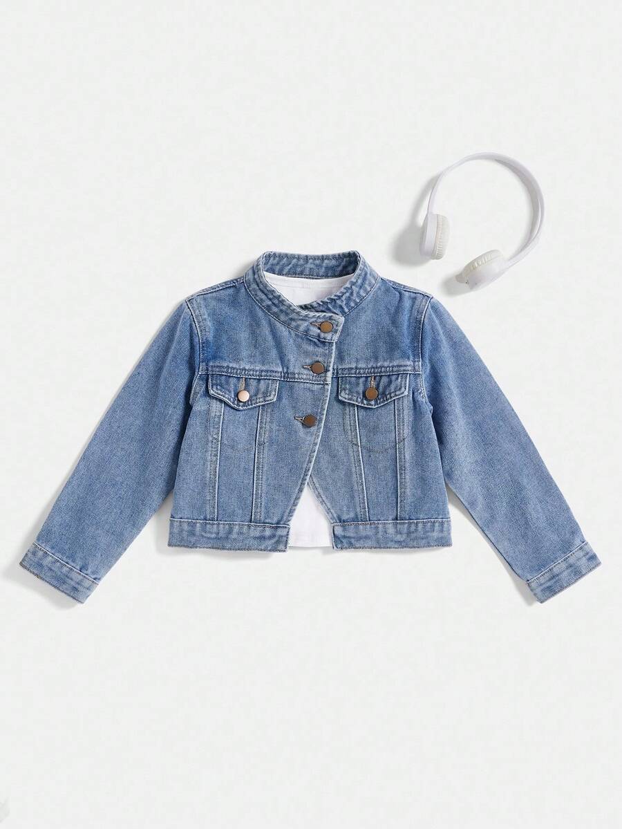 Chaqueta de motociclista de mezclilla con cuello alto para niñas de 4 a 7 años, armadura de invierno dulce y fresca de pequeños caballeros. Diseño de botones frontales en diagonal, puede ser dulce o elegante, de moda. Estilo dulce: combinar con falda de lana a cuadros + botas de nieve = protagonista femenina de un drama coreano; Estilo fresco: combinar con leggings negros + botas de tobillo = mini supermodelo; Estilo casual: combinar con sudadera + jeans = el niño talla grande lindo del jardín de infantes