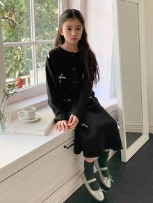 DAZY 少女蝴蝶结装饰落肩长袖针织开衫和针织迷你裙套装，秋冬季 - 黑色 - 查看 2