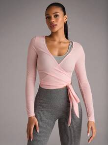 SHEIN BAE Áo thun dài tay buộc dây phía trước thể thao mọi mùa dành cho nữ, họa tiết mỏng, áo chui đầu màu trắng đa năng - Hồng - Xem 5