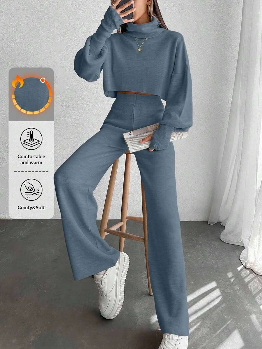 EURMUSE 2pcs Women Solid Color Lantern Sleeve Sweater And Knitted Long Pants Set,Petite,Winter Clothes - Baby Blue - View 1
