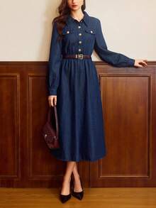 Vintamour 女式长袖金属纽扣设计休闲牛仔衬衫裙蓝色中长裙牛仔中长裙长袖牛仔裙法式连衣裙女式秋季连衣裙冬装女式新年女装派对礼服毕业礼服舞会礼服优雅女士牛仔衬衫裙，金色纽扣和长袖，非常适合休闲外出 - 深色水洗藍 - 查看 2