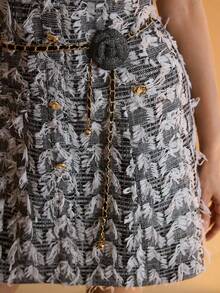 MOTF PREMIUM TWEED ALLOVER PATTERN GOLD BUTTON SHORT DRESS WITH STEREO FLOWER CHAIN BELT - Black - View 4