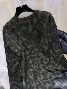 EMERY ROSE Bestselling Leopard Print Loose Plus Size Women Long Sleeve T-Shirt - Black - View 2