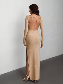 SHEIN Tall Damen einfarbiges minimalistisches rückenfreies Langarmkleid, lässige Alltagskleidung, für große Frauen - Khaki - Übersicht 1