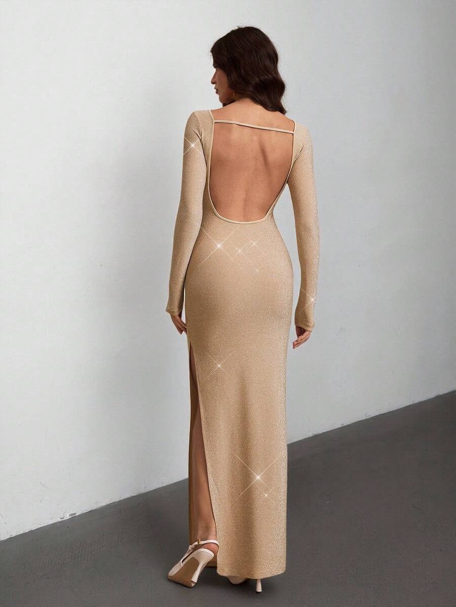 SHEIN Tall Damen einfarbiges minimalistisches rückenfreies Langarmkleid, lässige Alltagskleidung, für große Frauen - Khaki - Übersicht 1