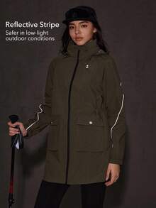 OutZeal 女士防水可拆卸帽拉链口袋抽绳腰带长款户外外套，适合秋冬季徒步露营 - 軍綠色 - 查看 5