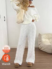 SHEIN LUNE Women's White Straight-Leg Pants,Casual Autumn Winter Cable Knit Sweater Pants,Warm Comfy Lounge Holiday Knit Pants For Women - Orange - View 4