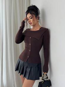 SHEIN Elenzya 女式方领斗篷式毛衣 - 棕色 - 查看 4