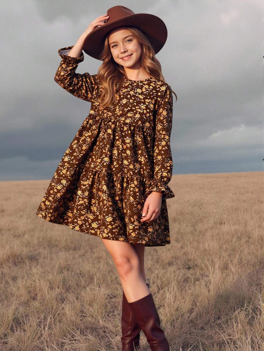 Emery Rose Kids Emery Rose Kids Tween女孩棕色碎花印花圓領長袖A字洋裝,波希米亞風秋季返校度假派對母女套裝 - 巧克力棕 - 查看 1