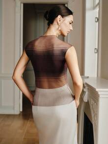 Anewsta Damen Farbverlauf-Halbsichtiger elastischer figurbetonter Puffärmel-Top - Mauve - Übersicht 2